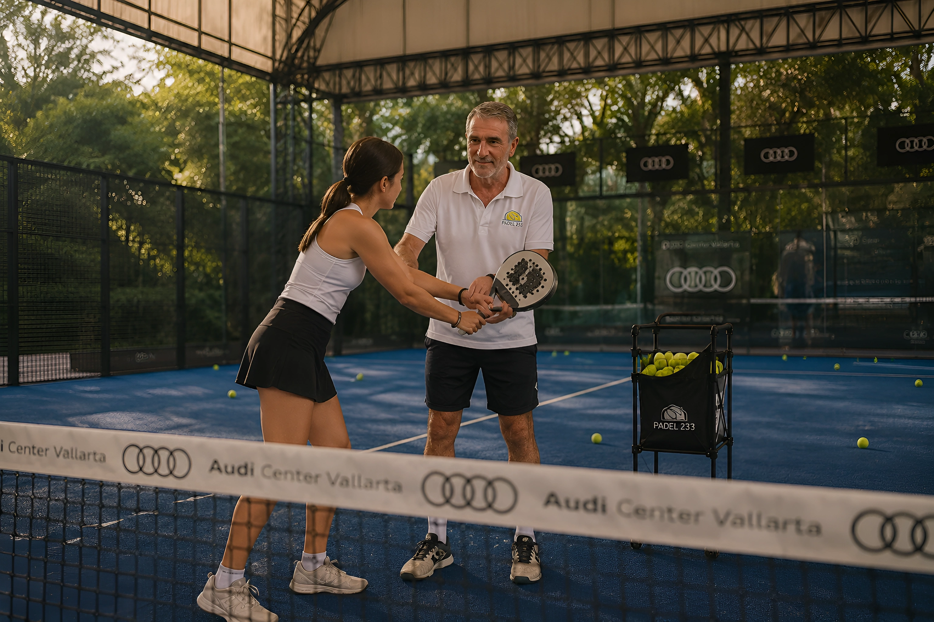 Coach guiando a una jugadora durante una clase de pádel en Padel 233 Puerto Vallarta